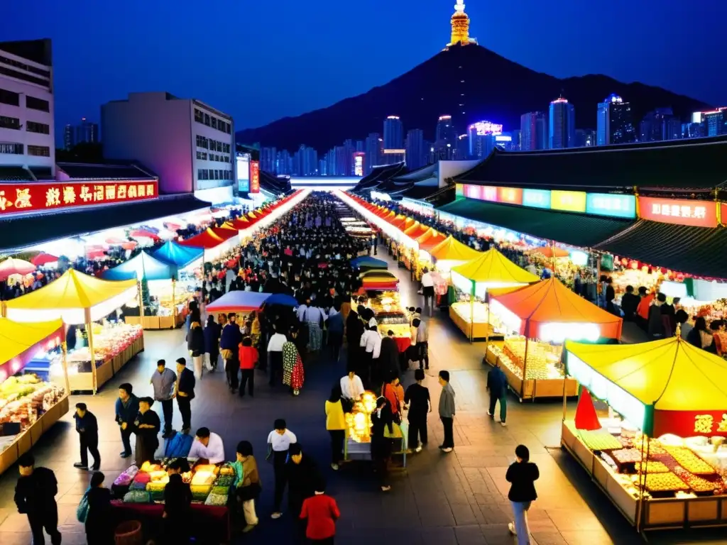 Animado mercado nocturno en Taipei con comida callejera y artesanías