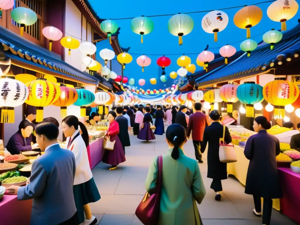 Un animado mercado con personas vestidas con hanbok, rodeadas de linternas coloridas y decoraciones festivas en el Festival Chuseok tradición coreana