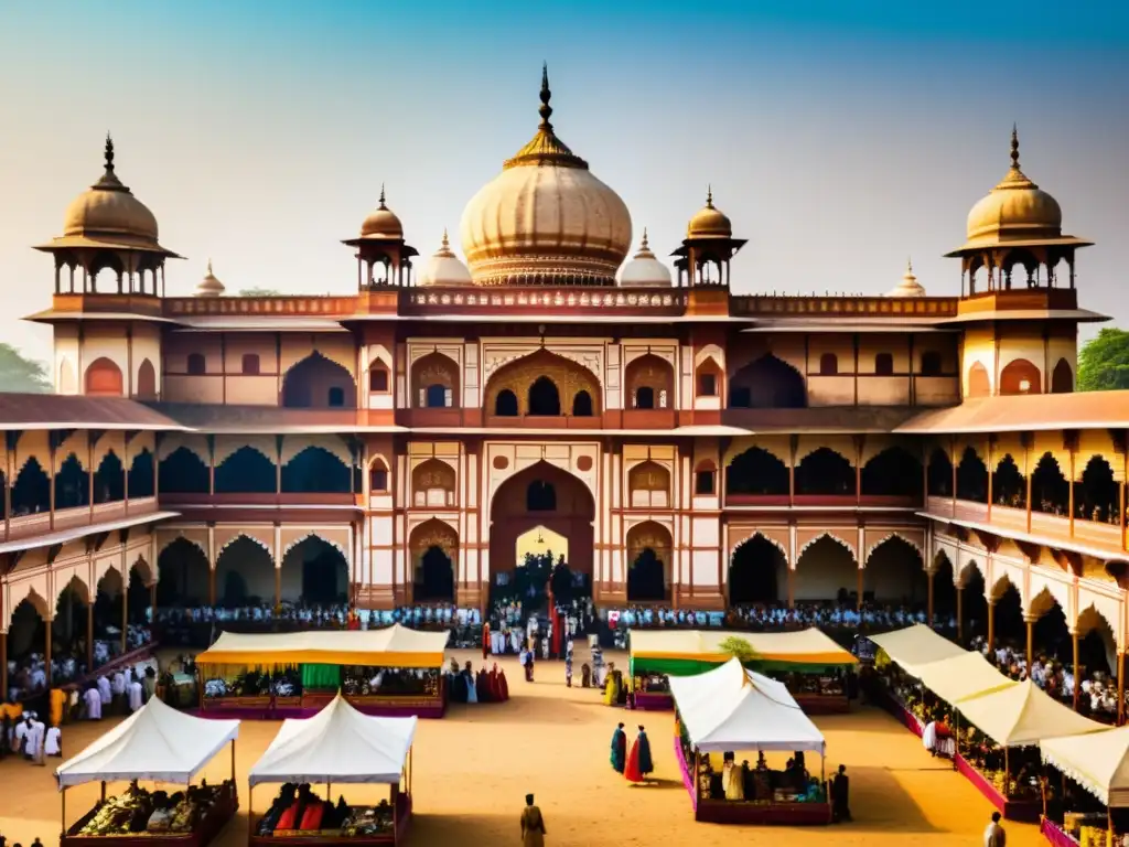 En un animado mercado del Raj británico en la India, se mezclan telas coloridas, vestimenta tradicional y oficiales coloniales