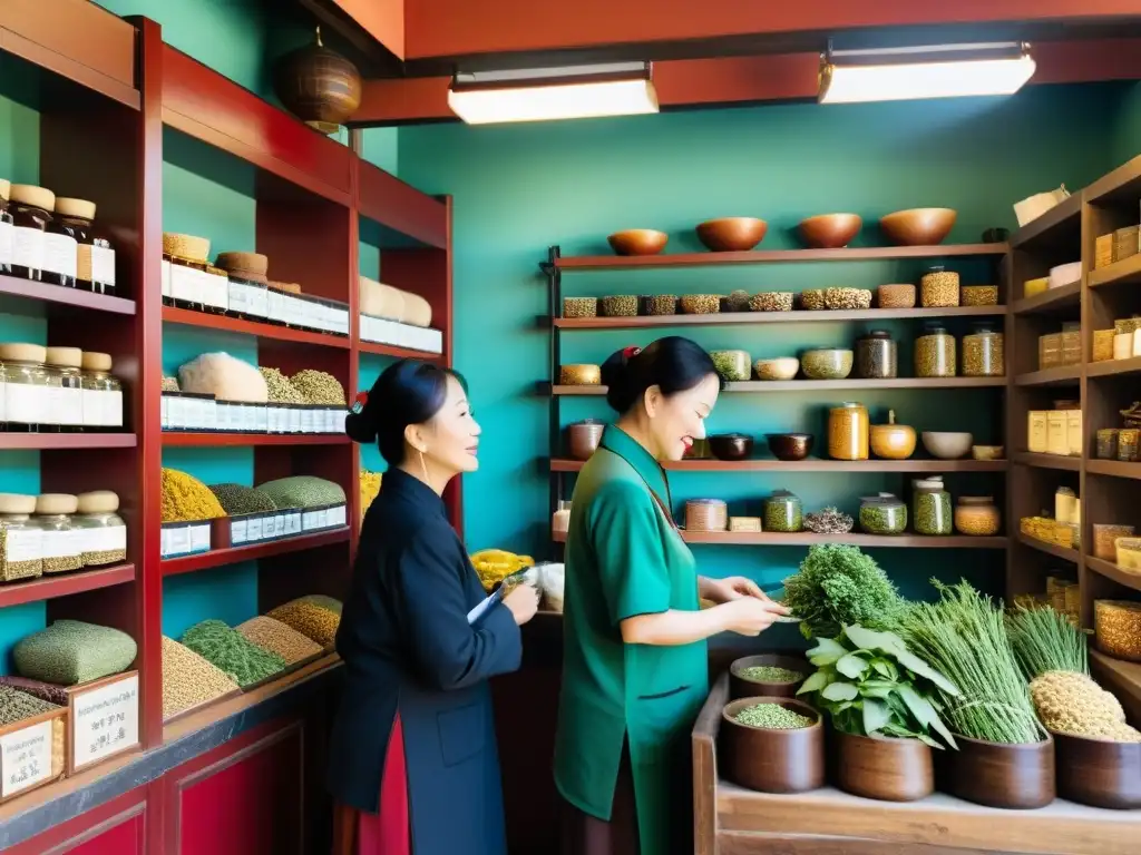 Un animado mercado con una tienda de medicina china tradicional