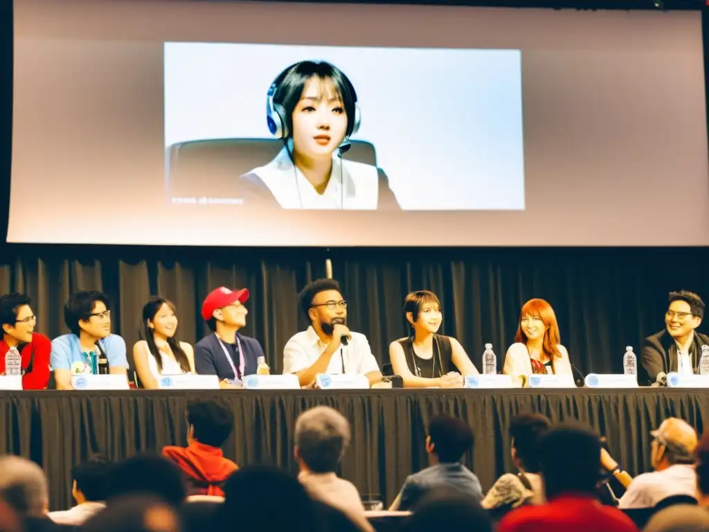 Un animado panel de convención de anime para adultos fuera de Japón, con discusión apasionada y diversa audiencia