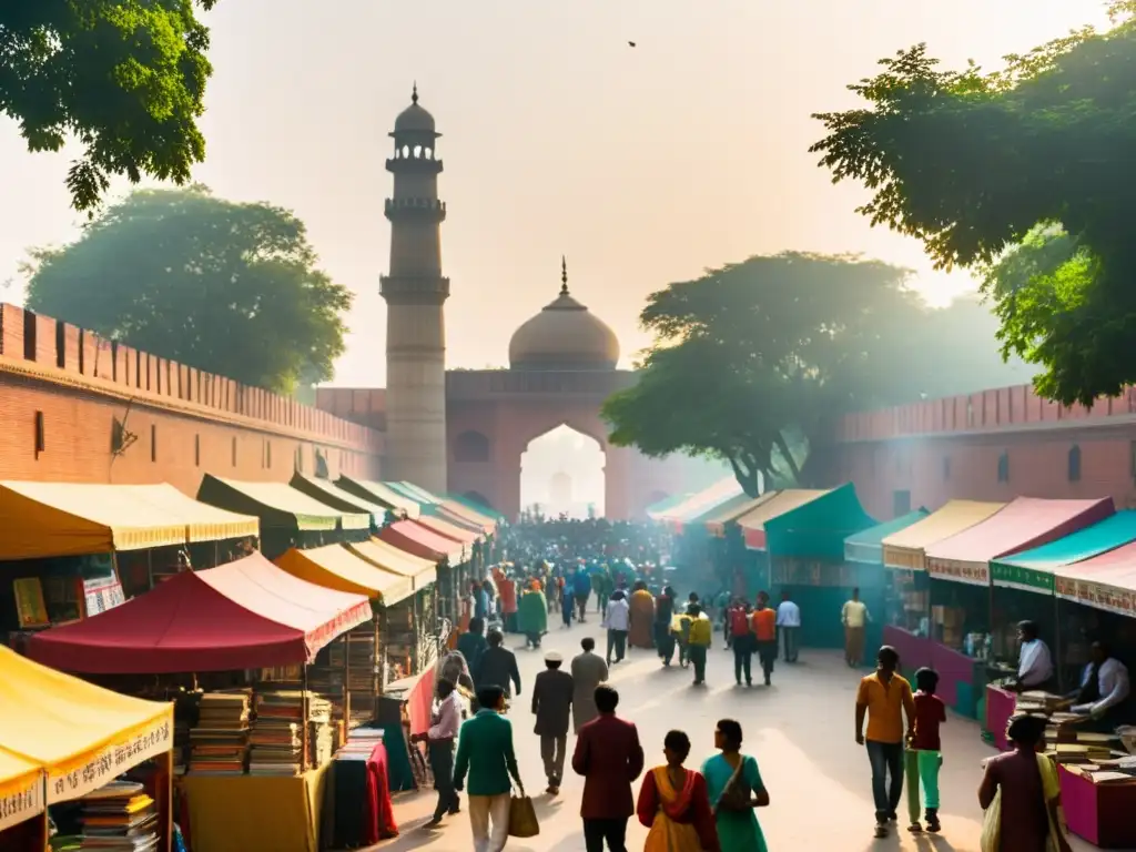 Un animado paseo en Nueva Delhi, India, muestra coloridos puestos de libros y lectores curiosos