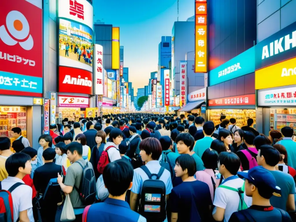 En Akihabara, Tokio, accesorios tecnología portátil anime en tiendas coloridas, entusiastas fans disfrutan de la vibrante atmósfera callejera