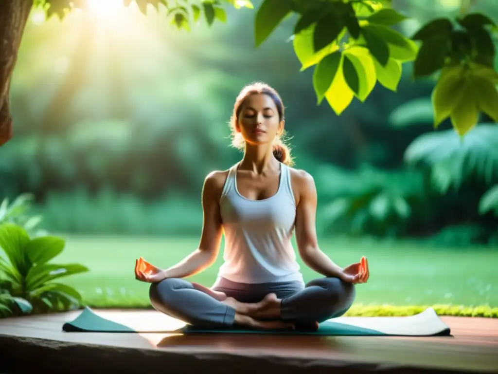 Práctica de yoga para la ansiedad en un entorno natural sereno y tranquilo, rodeado de vegetación exuberante y luz suave