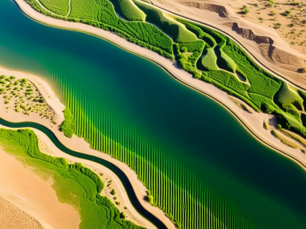 Antigua gestión del agua en el Valle del Indo: canales serpenteantes y contraste entre campos verdes y desierto, con el sol poniéndose