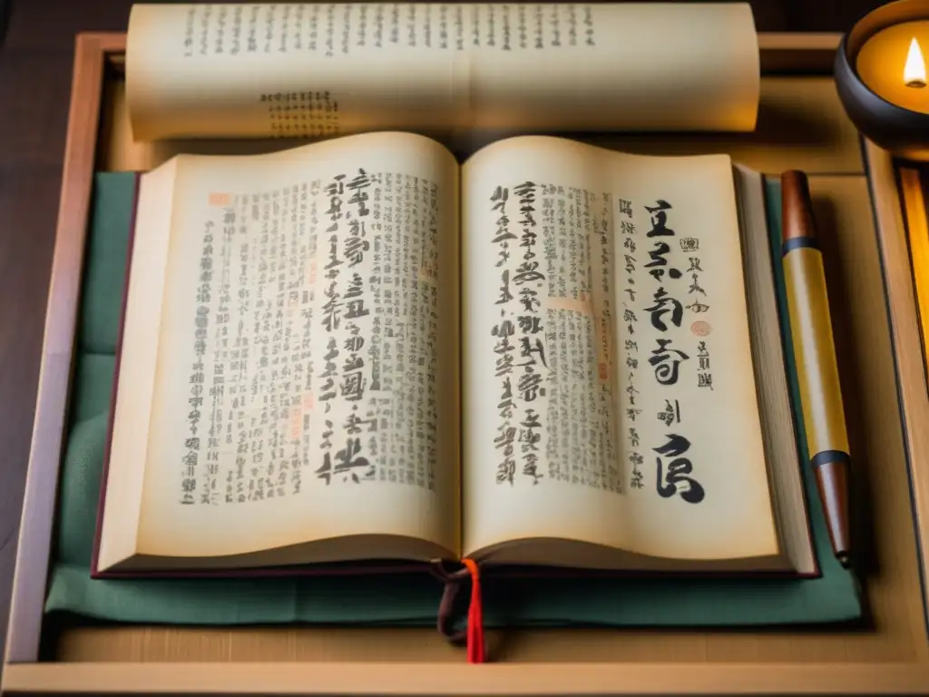 Antigua poesía clásica coreana Goryeo, libro abierto en delicada caligrafía, iluminado por cálida luz en una sala llena de historia y sabiduría