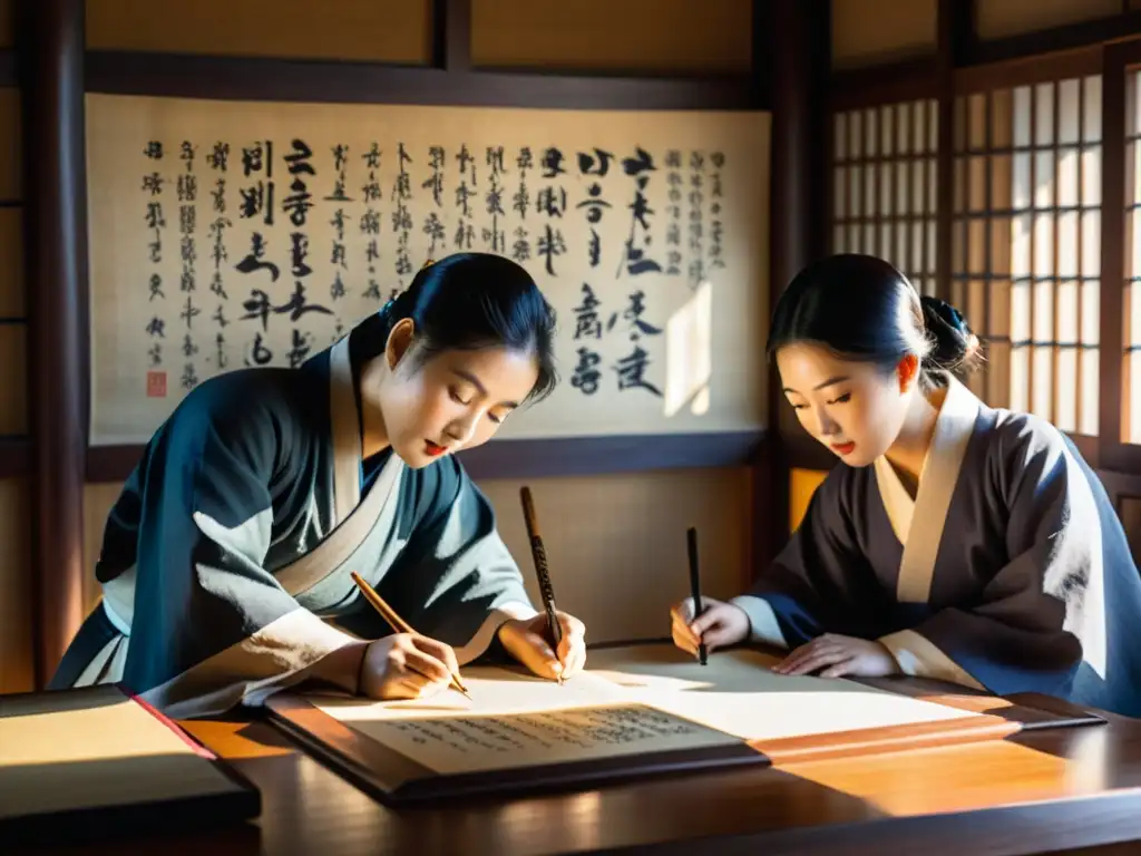 Antigua escena coreana de eruditos y escribas inscribiendo caracteres Hangul en pergamino, evocando sabiduría y reverencia por el lenguaje escrito