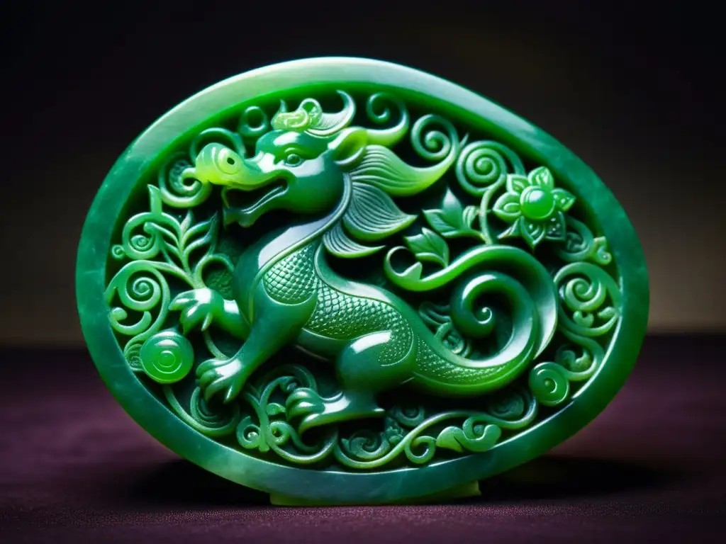 Una antigua escultura de jade asiática detalladamente tallada, con criaturas míticas y patrones ornamentales, destacando la artesanía exquisita