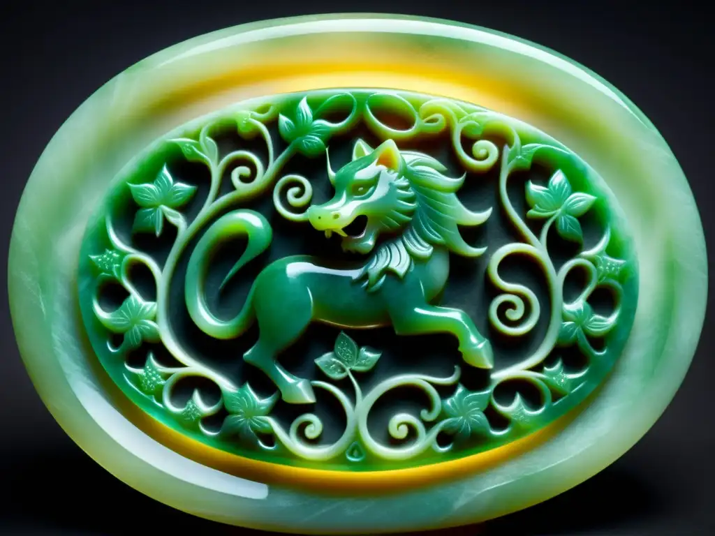 Una antigua y exquisita talla en jade chino, iluminada para resaltar su intrincada artesanía