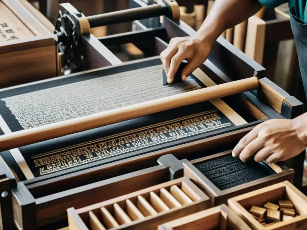 Una antigua imprenta asiática en pleno trabajo, con artesanos hábiles organizando bloques de texto