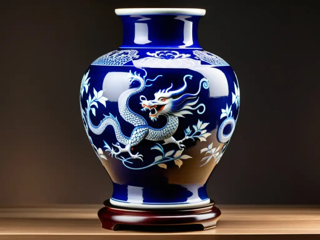 Una antigua jarra china Ming con dragones y fénix en azul y rojo, iluminada en una galería de arte