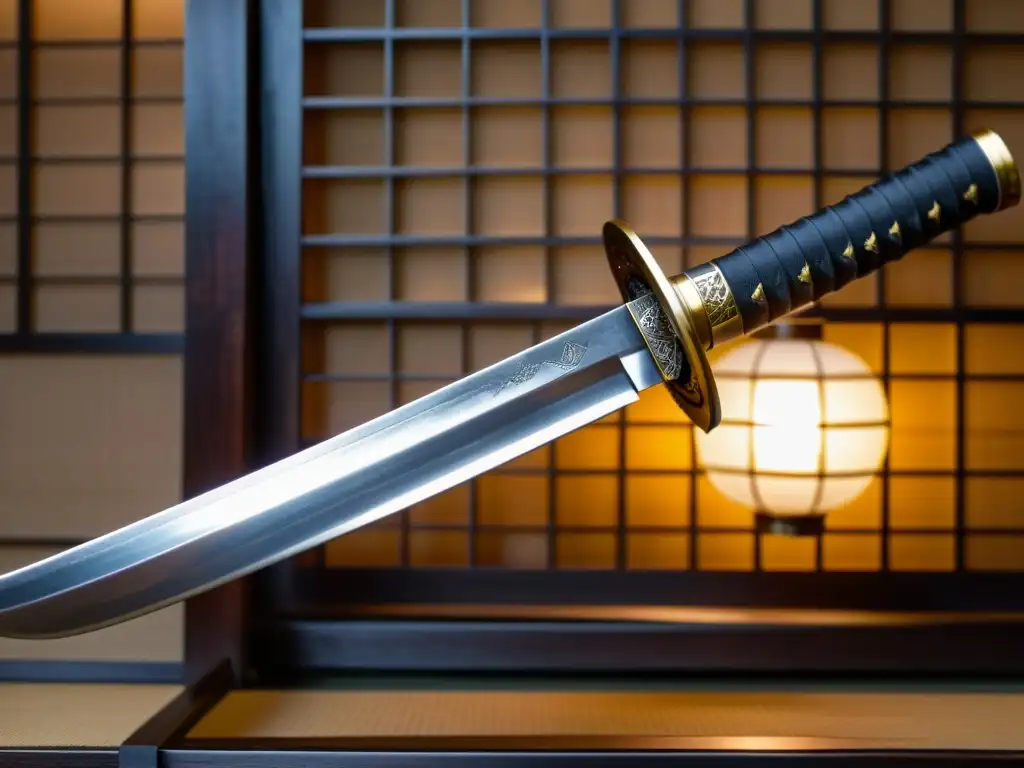Una antigua katana con hoja de acero pulido y un elaborado mango tallado, iluminada en un dojo tradicional japonés