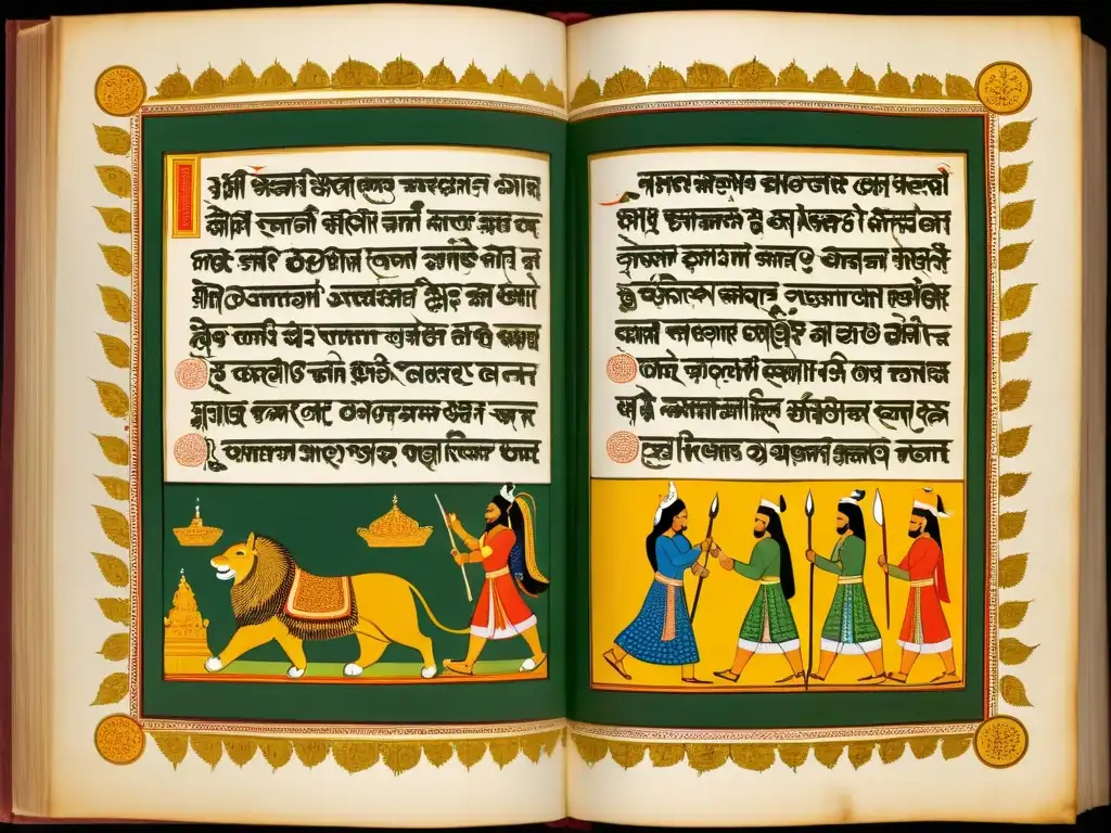 Antigua antología literaria india con ilustraciones detalladas que capturan la esencia de la cultura e historia literaria de la India