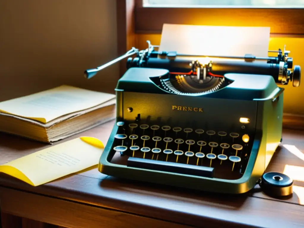 Una antigua máquina de escribir con historia, rodeada de papel en un escritorio de madera