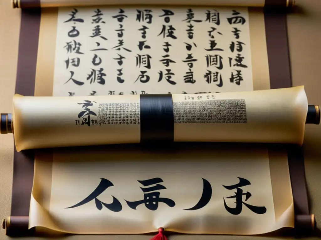 Una antigua pergamino con caligrafía samurai, resaltando la importancia de la tradición