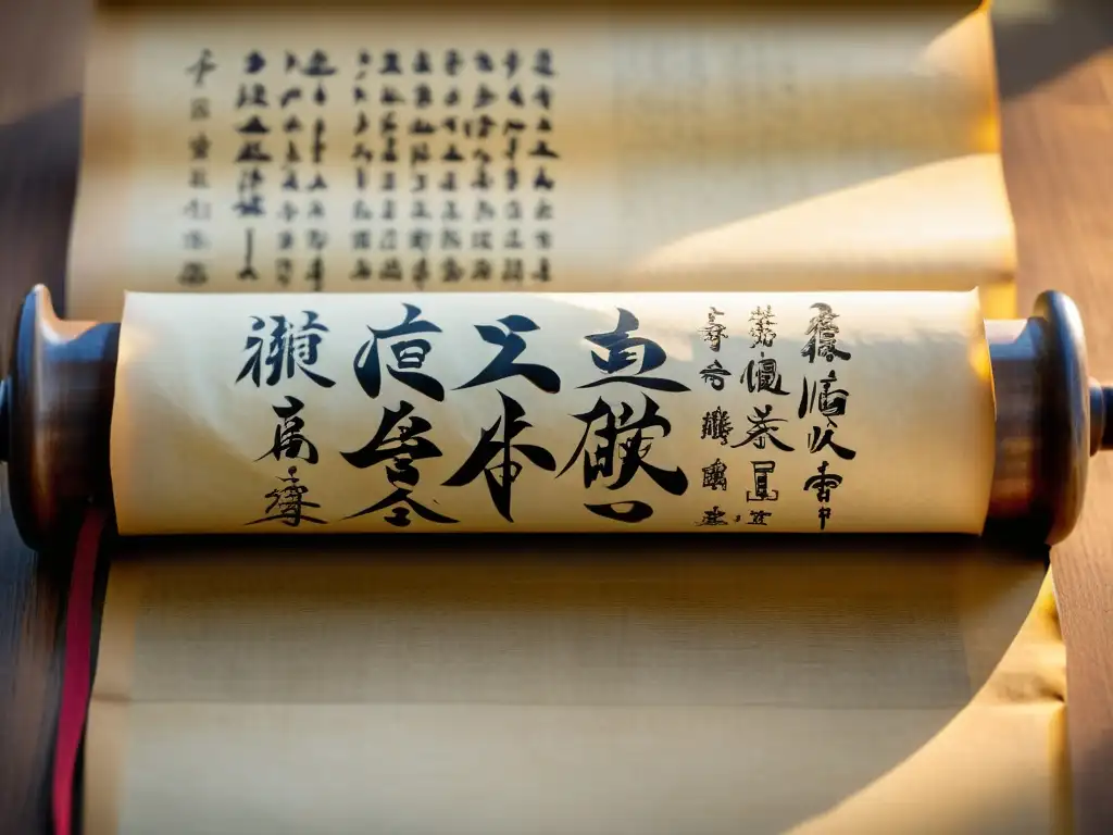 Antigua pergamino del Tao Te Ching con ilustraciones y caligrafía detallada