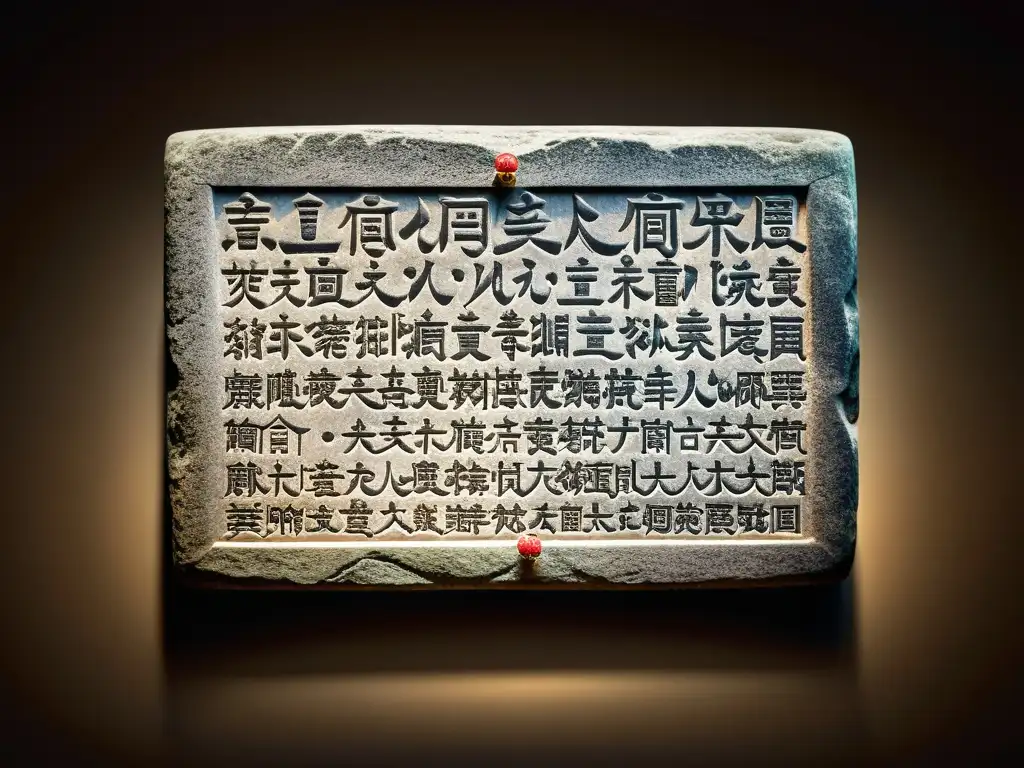 Antigua piedra inscrita con enseñanzas confucianas de la Dinastía Han, iluminada suavemente, reflejando la propagación del pensamiento Confucio en la historia