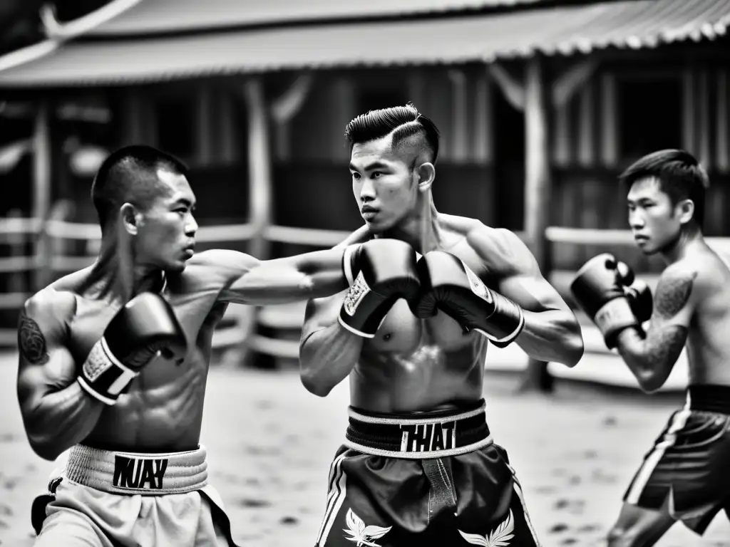 Antigua práctica de Muay Thai en un campamento tradicional tailandés