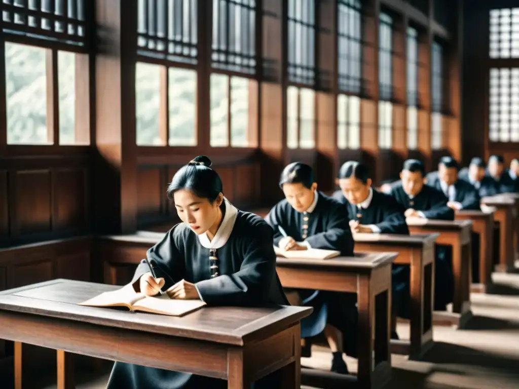 En la antigua sala de exámenes en China, los candidatos se concentran en sus escrituras bajo la luz filtrada, transmitiendo la seriedad del Examen Imperial Antigua Burocracia China