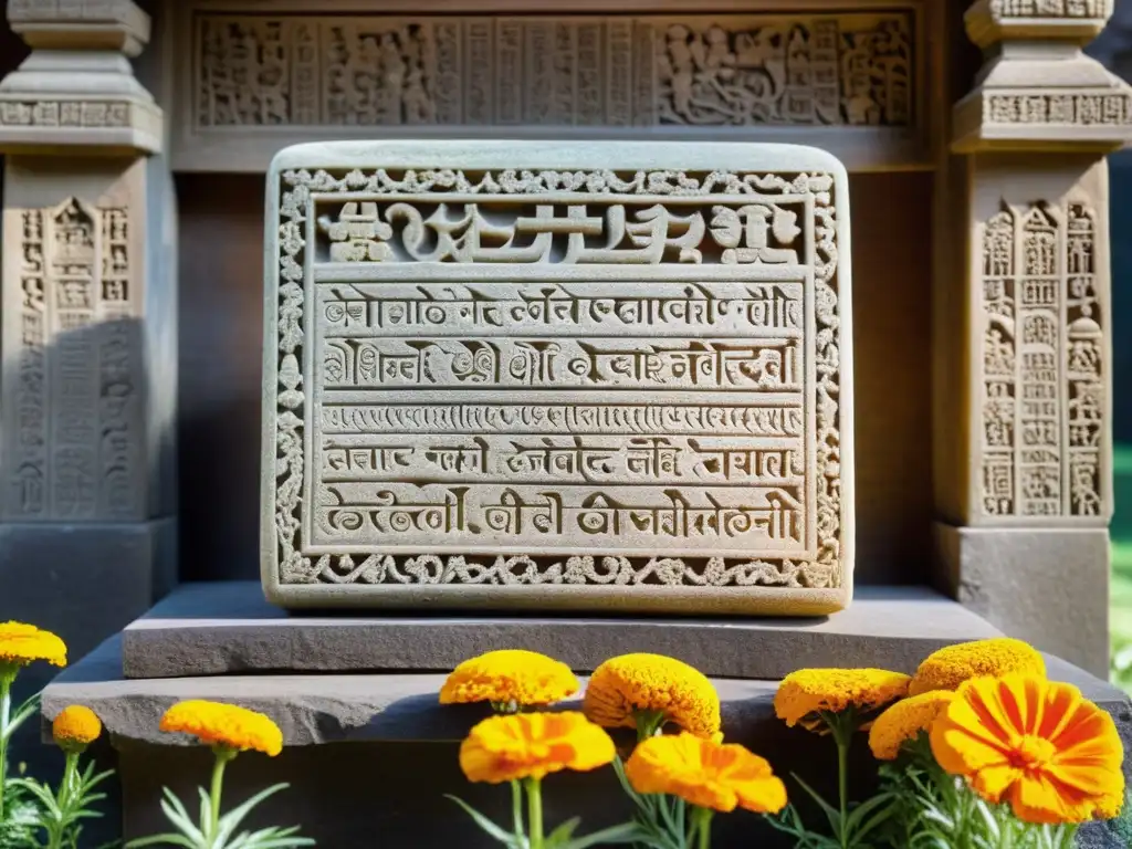 Una antigua tabla de piedra con poesía sánscrita y escenas naturales, rodeada de ofrendas florales y evocando influencia espiritual