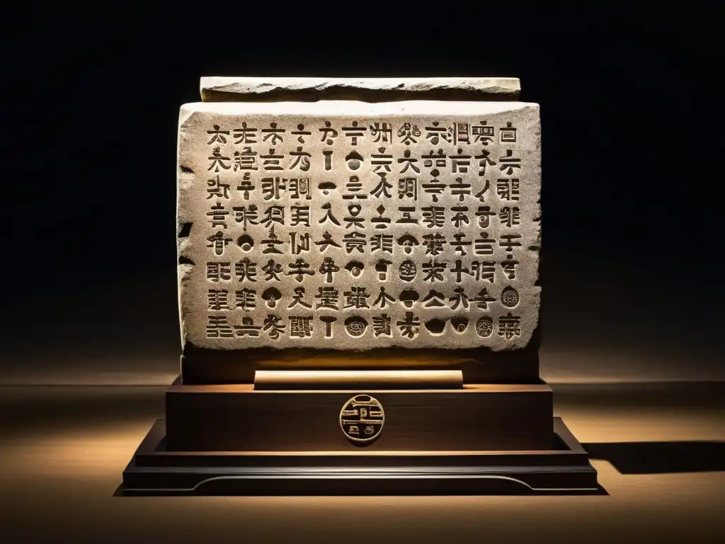 Antigua tableta de piedra con Hangul, iluminada en un museo, mostrando el origen y significado del Hangul en hermosa caligrafía