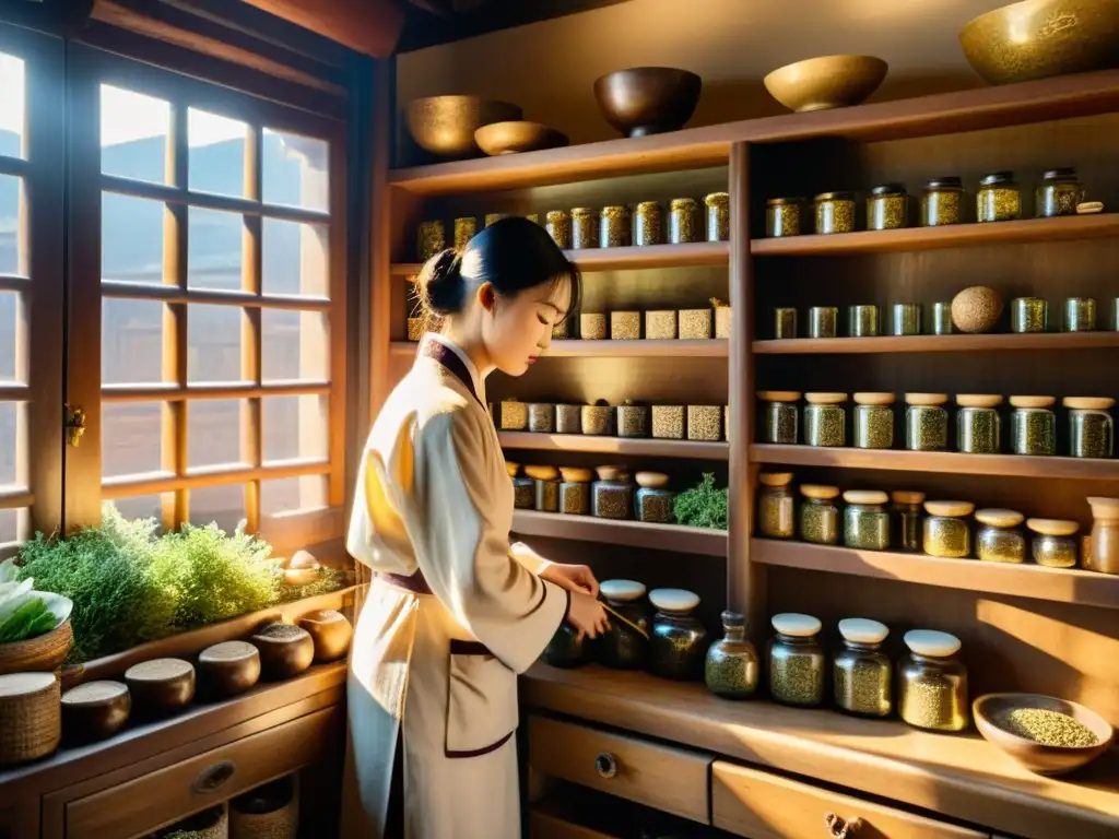 Una antigua tienda de hierbas chinas con estantes llenos de ingredientes curativos