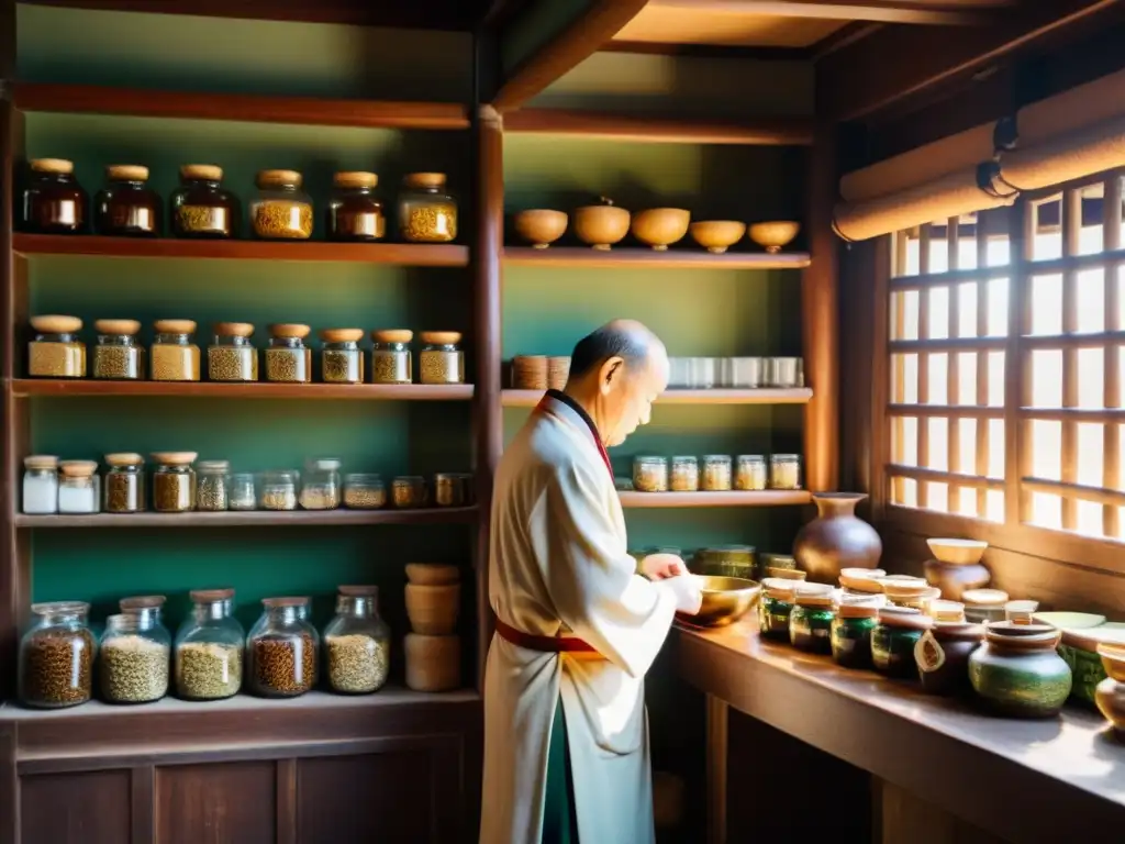 En una antigua tienda de hierbas chinas, el sabio propietario mide ingredientes en un ambiente de tradición y sabiduría