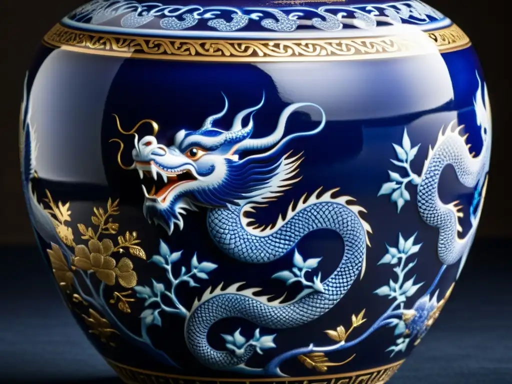 Una antigua vasija china de porcelana, decorada con dragones y fénix en azul cobalto y detalles dorados, se destaca sobre terciopelo oscuro