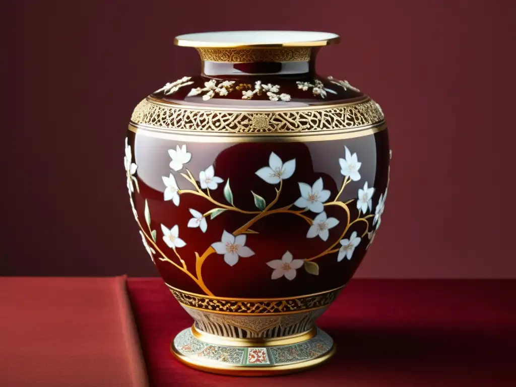 Una antigua vasija de porcelana china, decorada a mano con cerezos y filigrana de oro, iluminada suavemente en un museo