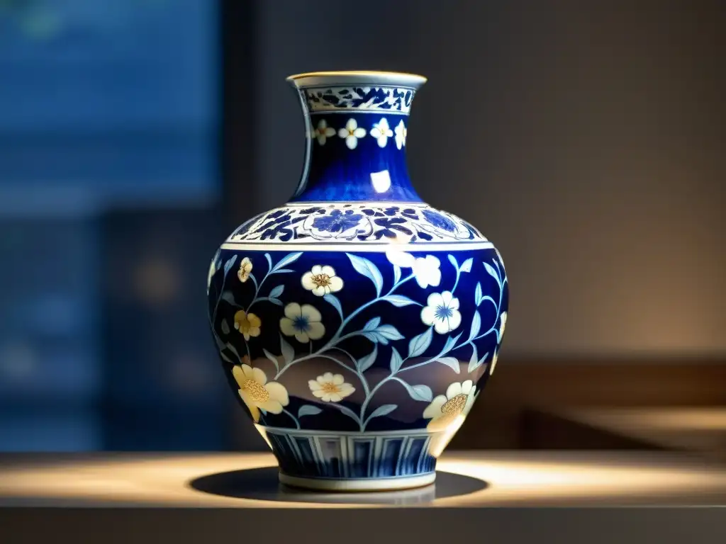 Una antigua vasija de porcelana de la dinastía Ming, con motivos florales azules y detalles en oro, exhibida en un museo