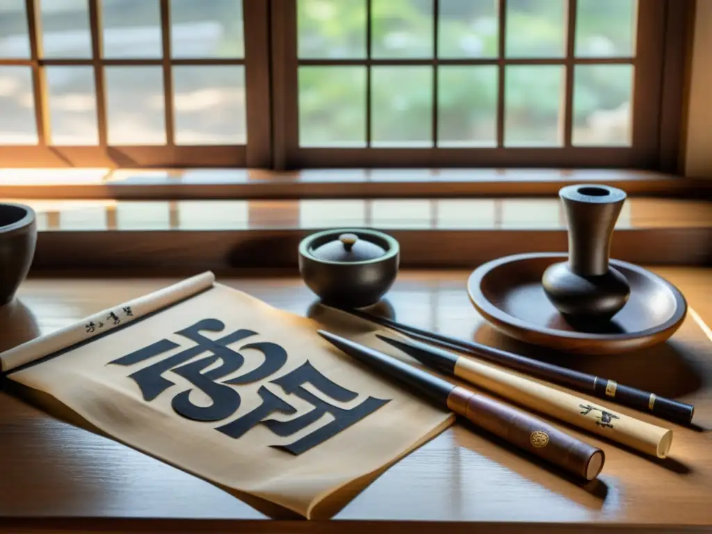 Antiguas herramientas de caligrafía coreana en escritorio de madera