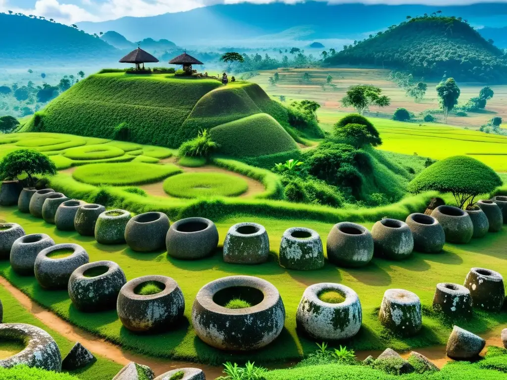 Las antiguas ruinas jar en Laos, con sus misteriosos frascos de piedra entre la exuberante vegetación