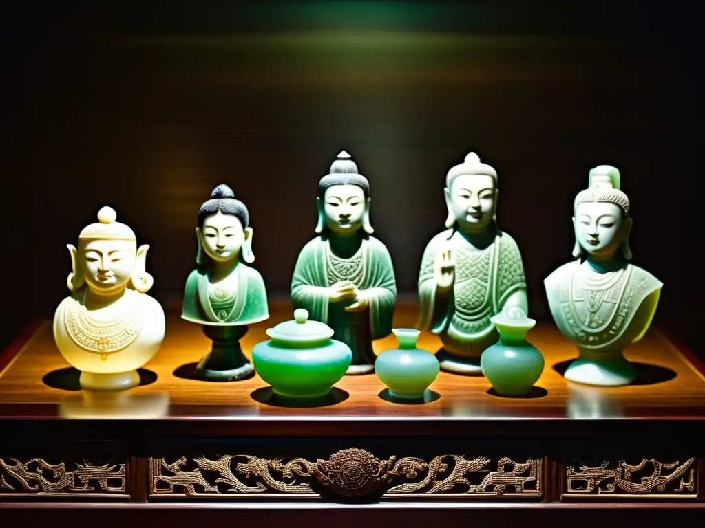 Inversión en antigüedades asiáticas: Colección de antigüedades chinas talladas en jade y cerámica, iluminadas suavemente en una mesa de madera oscura