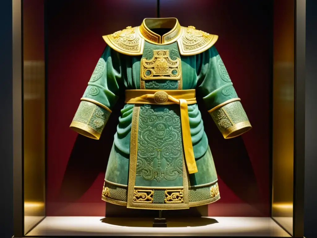 Invertir en antigüedades asiáticas: traje funerario de jade de la dinastía Han, con intrincados detalles dorados en exposición museística