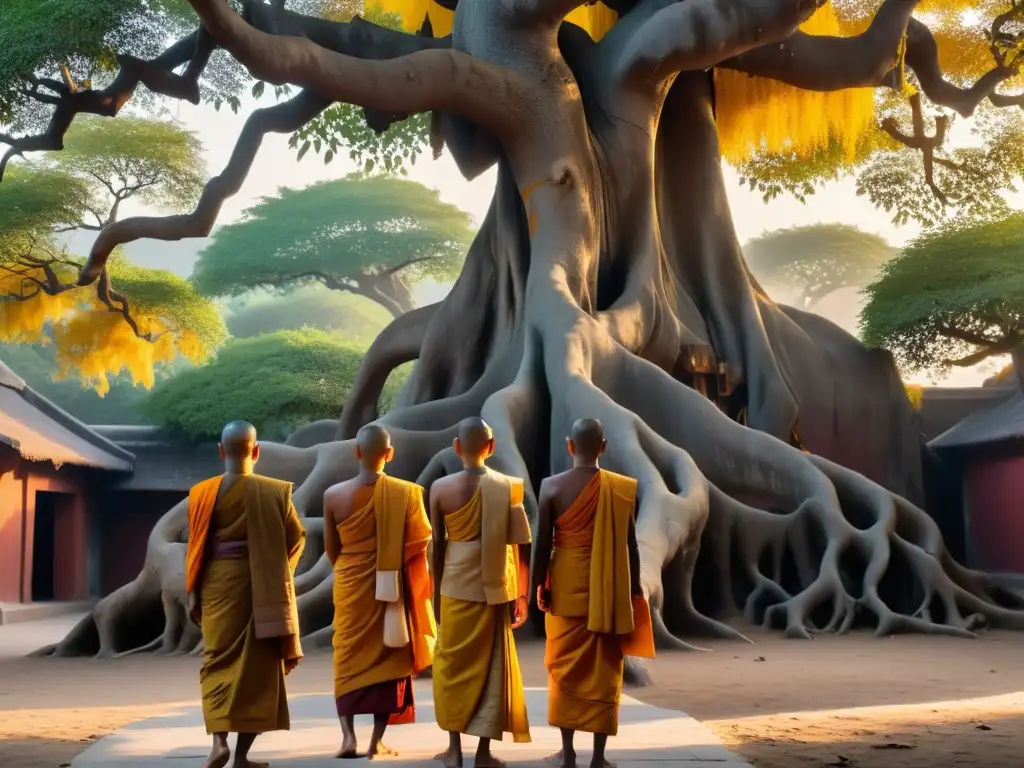 Un antiguo árbol Bodhi se alza majestuoso, brindando sombra a monjes en meditación