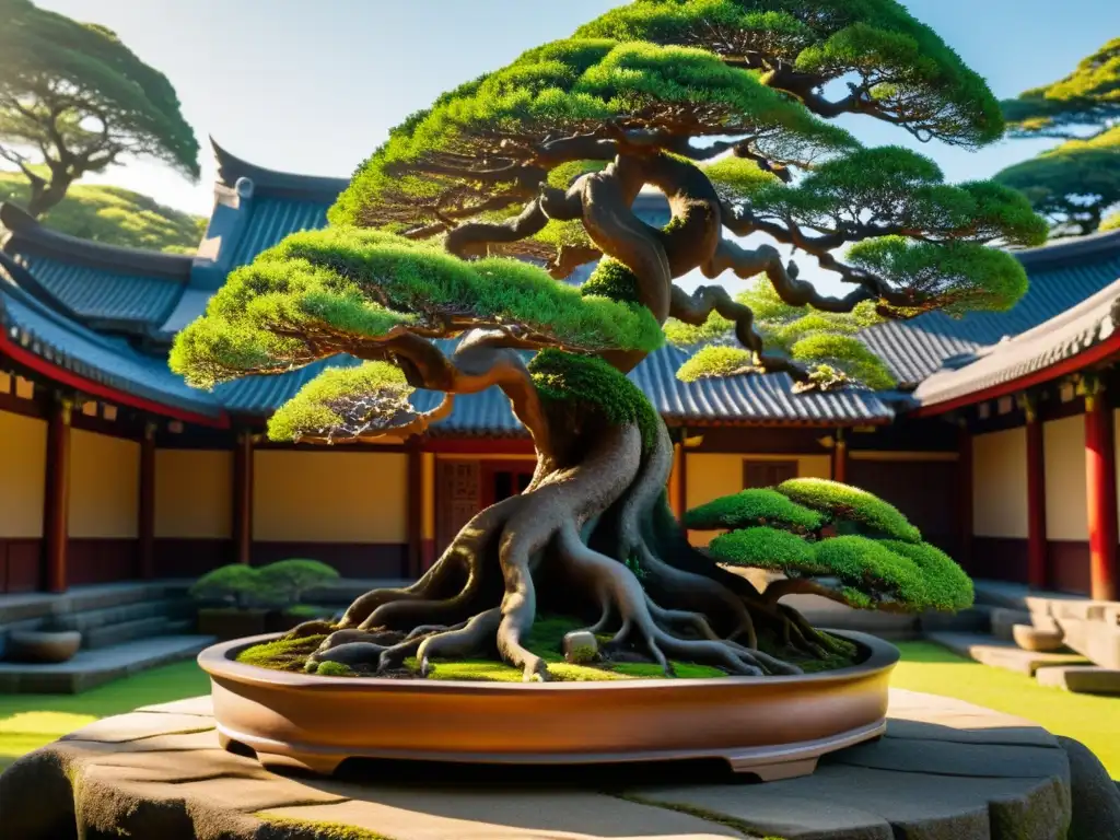 Un antiguo árbol bonsái con ramas retorcidas y delicadas hojas, bajo la luz del sol