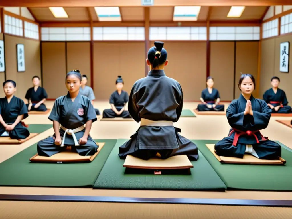 Un antiguo dojo de artes marciales con estudiantes practicando técnicas tradicionales bajo la guía de un maestro