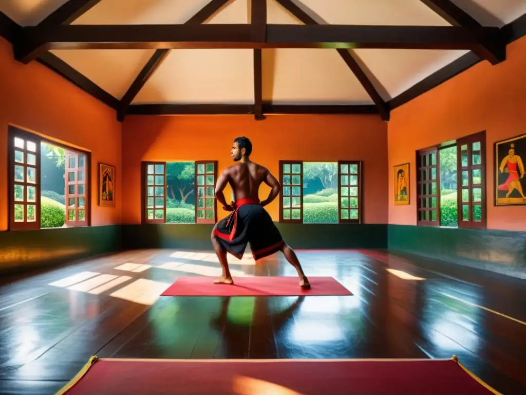 Un antiguo dojo de Kalaripayattu en la India con murales pintados a mano y practicantes en movimiento, enmarcado por exuberantes jardines secretos