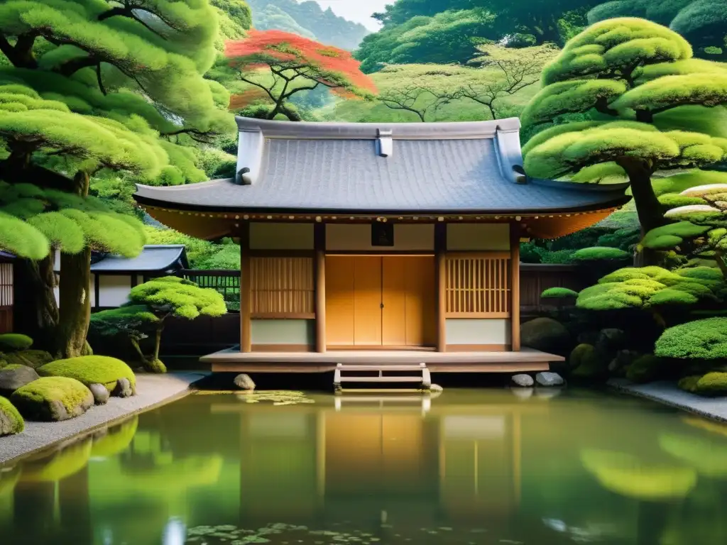 Un antiguo dojo japonés rodeado de exuberante vegetación y un jardín cubierto de musgo, evocando serenidad y conexión con la naturaleza