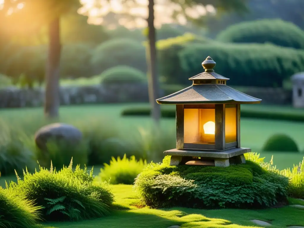 Un antiguo farol de piedra cubierto de musgo en un jardín tranquilo, donde la luz dorada del amanecer resalta su belleza