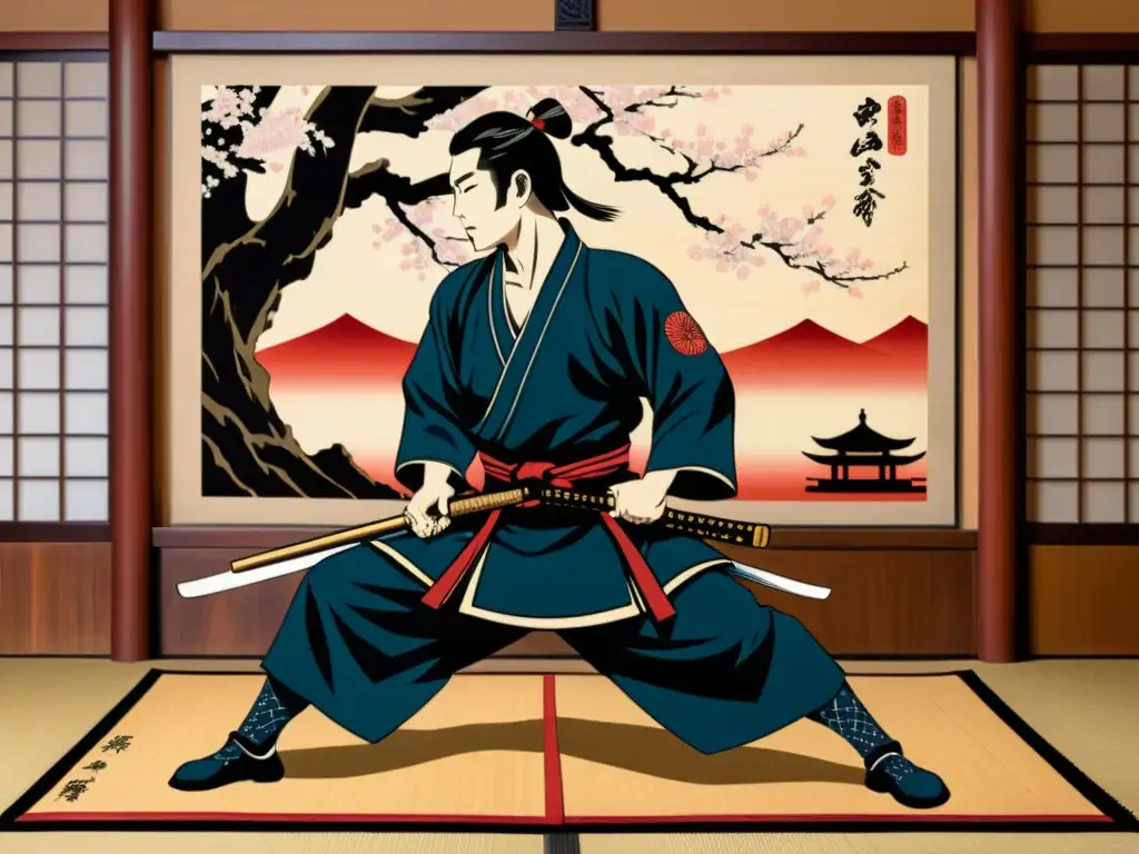 Un antiguo grabado de madera que representa a samuráis practicando técnicas de Aikijujutsu en un dojo tradicional, con armaduras detalladas y armas, capturando la disciplina e intensidad del arte marcial