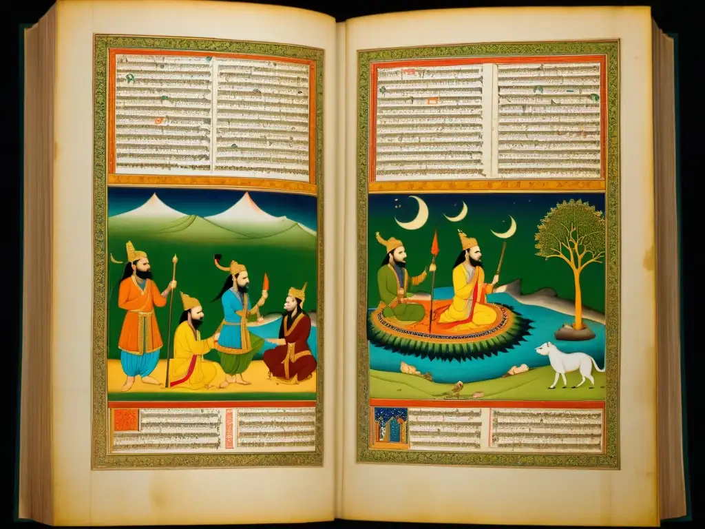 Antiguo manuscrito indio con ilustraciones detalladas y caligrafía, resaltando la grandeza de la literatura india clásica