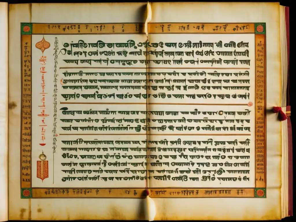 Antiguo manuscrito indio de lógica Nyaya India en 8k con caligrafía sánscrita y detalladas ilustraciones, iluminado por luz natural