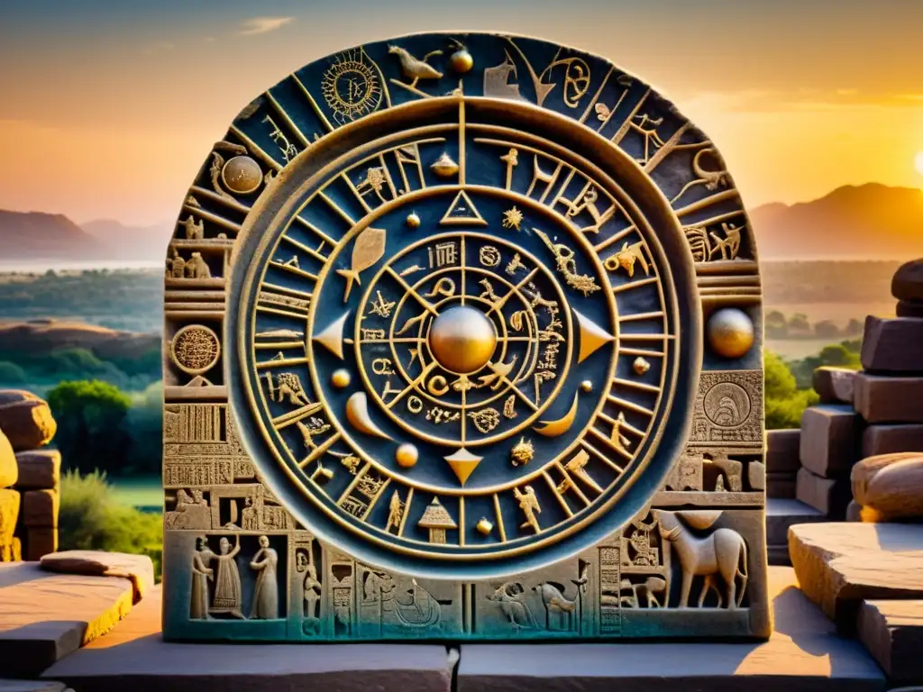 Antiguo mapa astral del Valle Indo, con ruinas de fondo