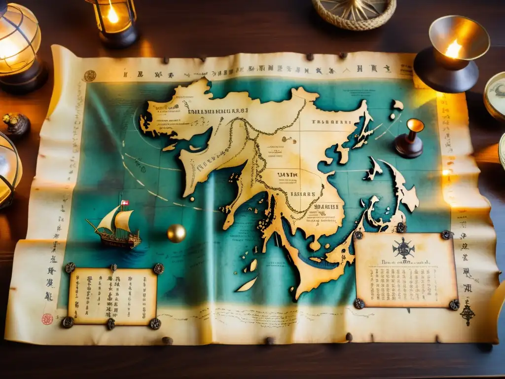 Un antiguo mapa del tesoro, rodeado de instrumentos de navegación y manuscritos, evoca las historias de piratas en el Mar de China