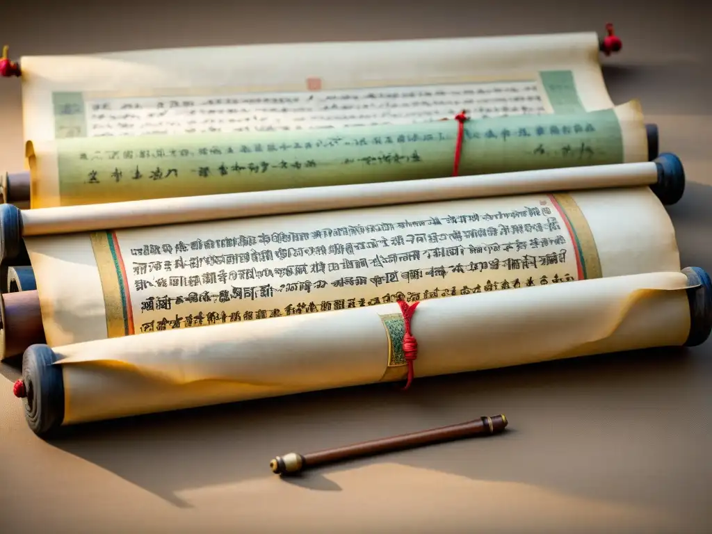 Un antiguo pergamino asiático con proverbios y poemas didácticos, caligrafía detallada y delicadas ilustraciones