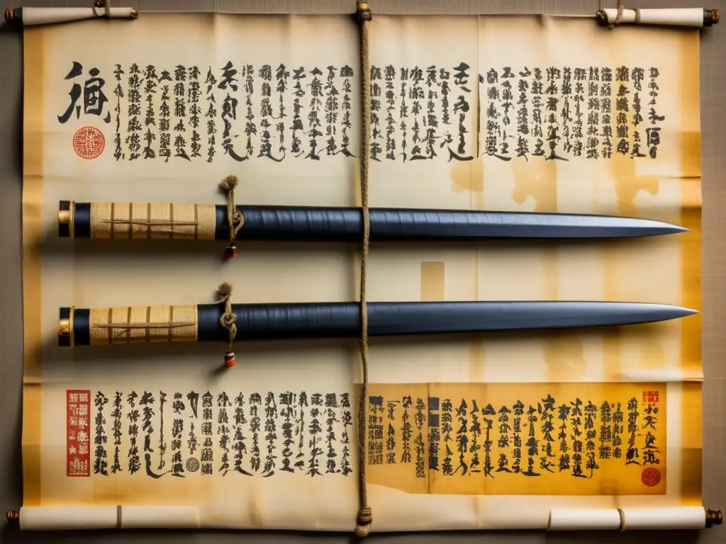 Antiguo pergamino con caligrafía detallada sobre técnicas y herramientas del ninjutsu, evocando la mística y la mitología del Ninjutsu japonés feudal