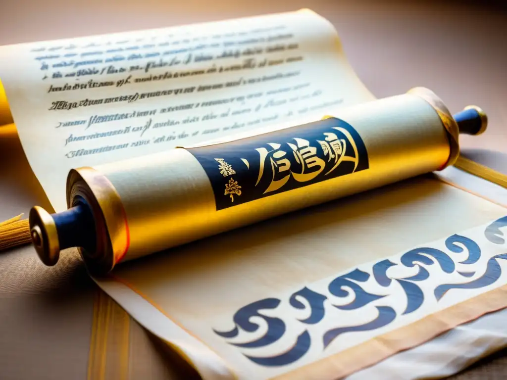 Pergamino antiguo: historia y tradición asiática Antiguo pergamino con caligrafía y motivos asiáticos, iluminado por luz dorada