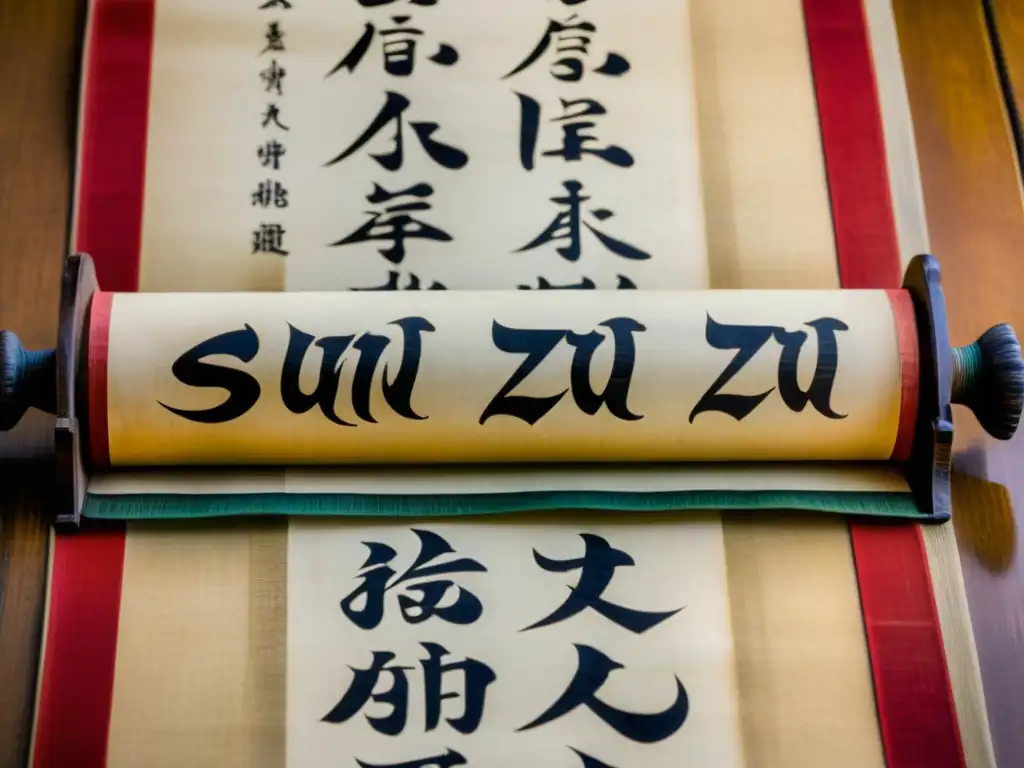 Un antiguo pergamino chino con caligrafía detallada de Sun Tzu y Confucio