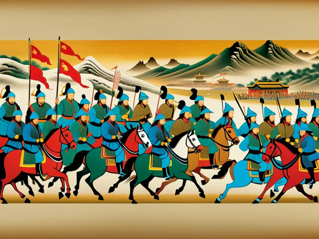 Antiguo pergamino chino ilustrando la conquista de los mongoles en China, con tácticas militares, rendición de oficiales y fusión cultural